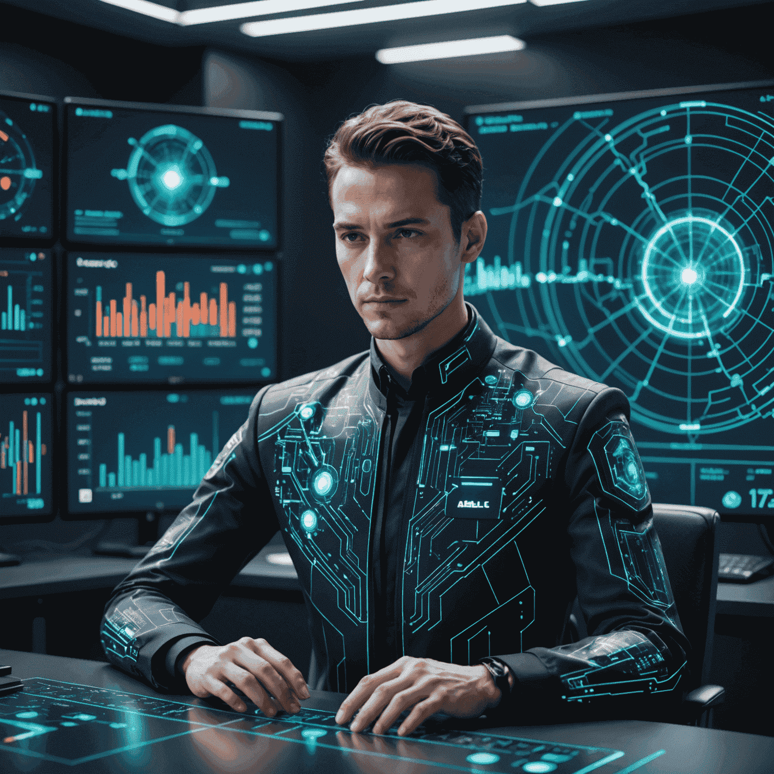 A futuristic image depicting AI algorithms analyzing financial data, with holographic displays showing banking transactions and machine learning models