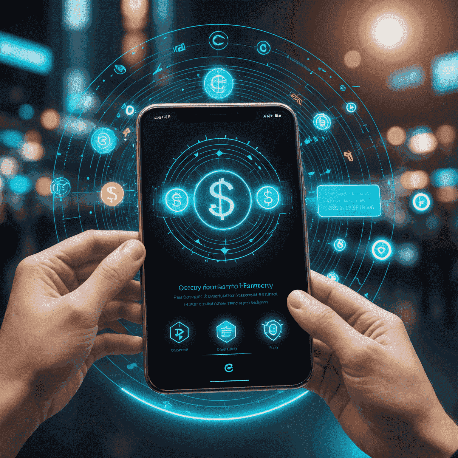 A futuristic digital payment interface showing holographic currency symbols and secure transaction icons, representing cutting-edge payment solutions
