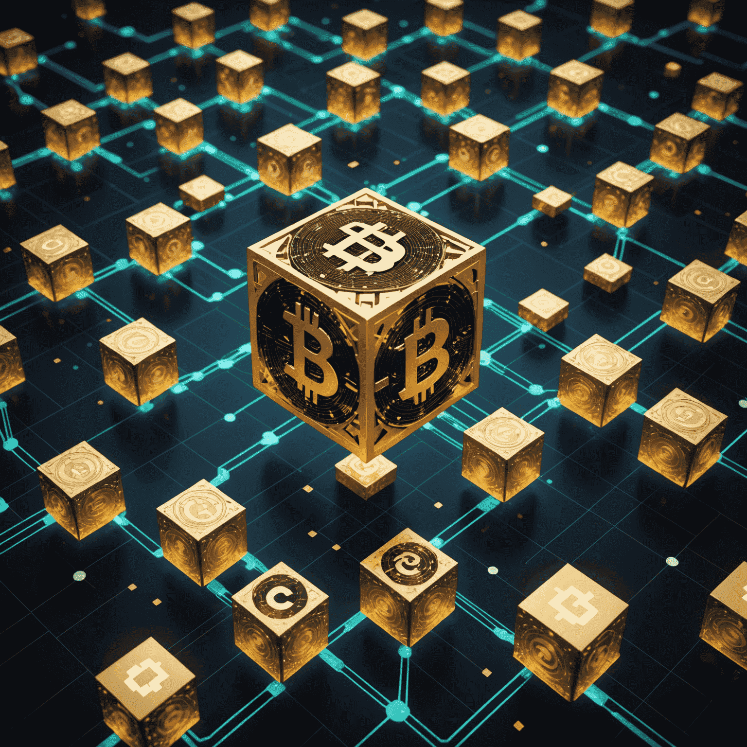 A visual representation of blockchain technology with interconnected blocks and cryptocurrency symbols floating in a digital space