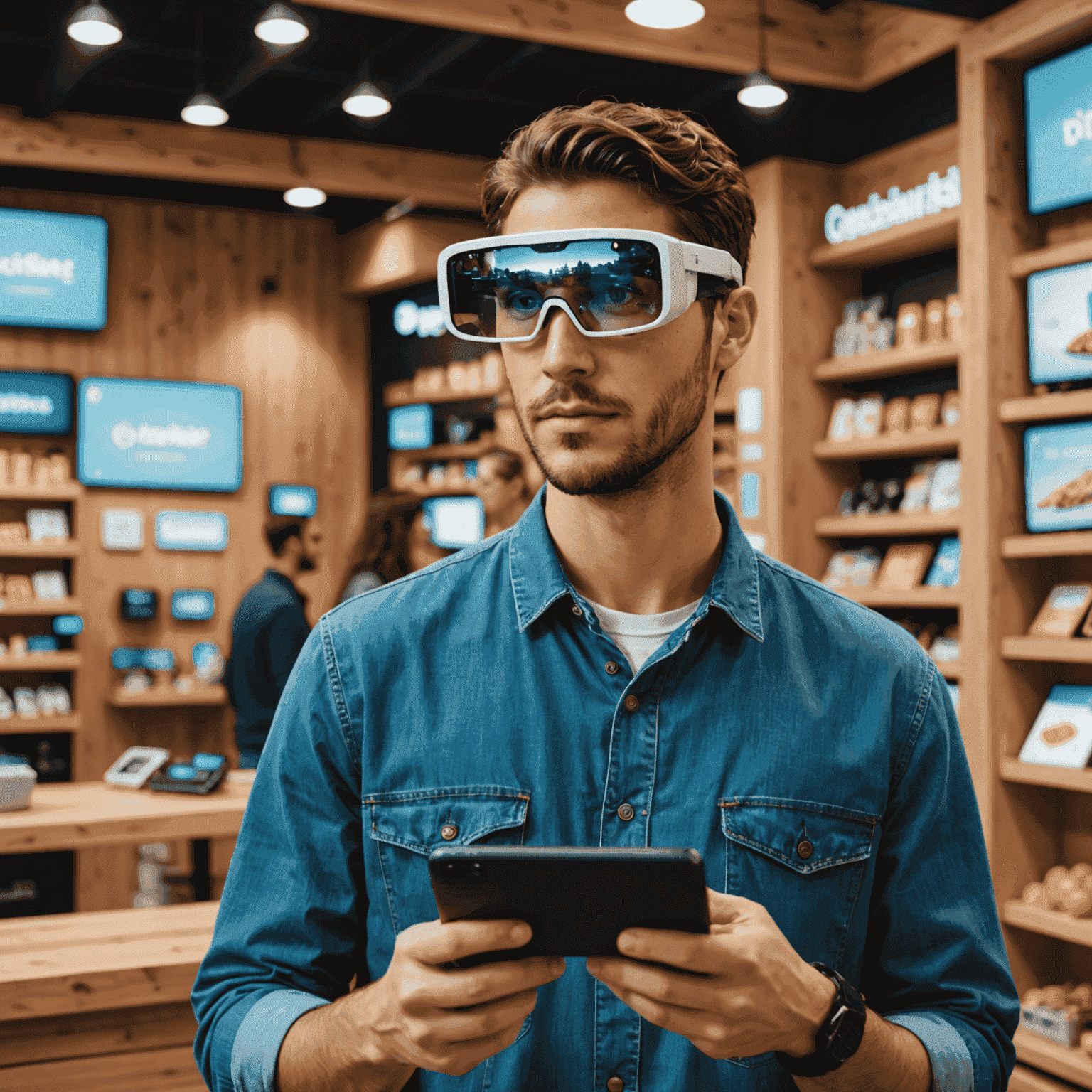 A person using augmented reality glasses to view and purchase virtual products in a real-world setting, with floating payment options visible